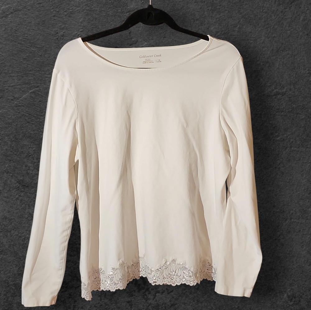 COLDWATER CREEK | Minimalist Neutral Ivory Lace‎ Hem Basic Cotton Tee Top | 1X
